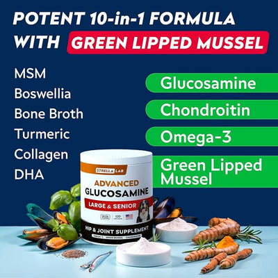 STRELLALAB Advanced Glucosamine Hip & Joint Supplement for Senior Dogs & Horses - Green Lipped Mussel & Collagen - Hip & Joint Pain Relief - Large & Small Breed - Joint Health - 120 Chews
