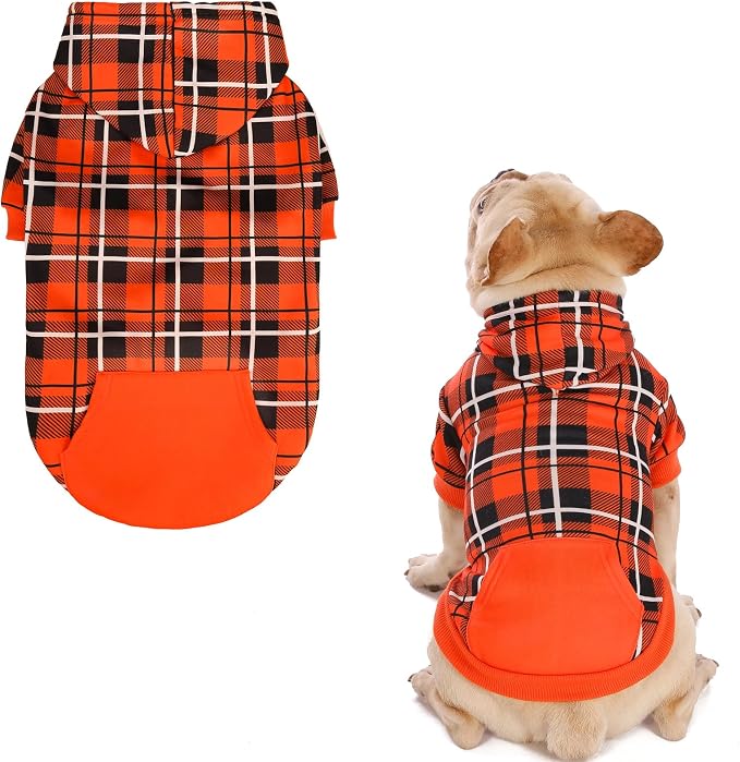 EXPAWLORER Plaid Dog Hoodie - British Style Warm Dog Sweater Shirt with Leash Hole,Pitbull Clothes Outfits,Winter Coat Apparel for All Breeds Puppy Girl Boy-Cat Apparel,Orange X-Small