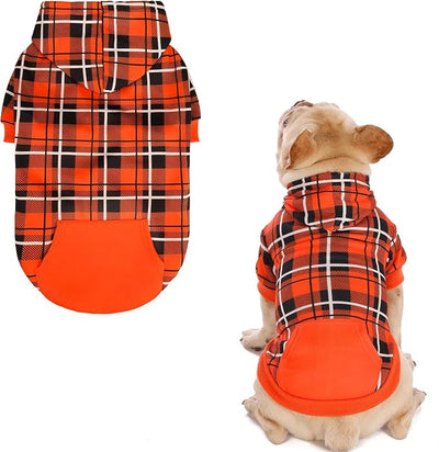 EXPAWLORER Plaid Dog Hoodie - British Style Warm Dog Sweater Shirt with Leash Hole,Pitbull Clothes Outfits,Winter Coat Apparel for All Breeds Puppy Girl Boy-Cat Apparel,Orange X-Small