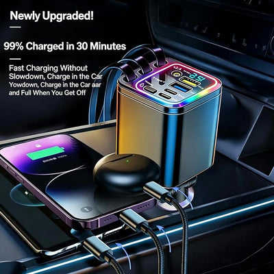 7 in 1 Retractable Car Charger,102W Star Lights Fast Charging Car Charger | Car Charger USB C,Car Accessories,Voltage Smart Display,3 Retractable Type-C Cables for iPhone 17 Pro/16/15,Galaxy S26,Pixel