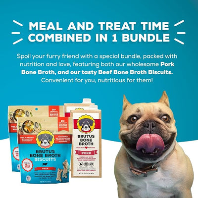 Brutus Bone Broth for Dogs Bundle Pack - Beef Biscuits Dog Treats, Pack of 2 (8oz) and Pork Bone Broth Food Toppers, Pack of 2 (32oz) - All Natural, Tasty & Nutritious