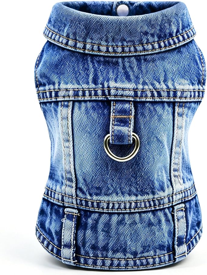 Dog Jean Jacket, Blue Denim Shirt Classic Lapel Vest Coat Costume Puppy T-Shirt, Comfort Tank Top Cool Apparel, Washed Pet Clothes for Dogs Boy Girl (with D-Ring, X-Small)