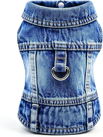 Dog Jean Jacket, Blue Denim Shirt Classic Lapel Vest Coat Costume Puppy T-Shirt, Comfort Tank Top Cool Apparel, Washed Pet Clothes for Dogs Boy Girl (with D-Ring, X-Small)