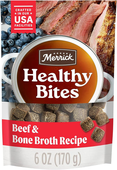 Healthy Bites Grain Free Dog Treats, Soft Treats with Bone Broth for Dogs, Beef and Bone Broth Recipe - 6 oz. Pouch