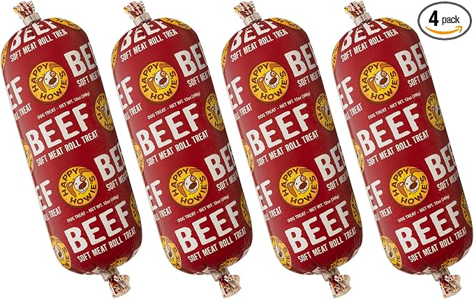 Happy Howie's Soft Meat Roll Treat - Soft Dog Food Beef Rolls, High Protein, Natural Ingredients, for All Dogs, Made in USA - Beef, 12 Oz (Pack of 4)