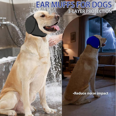 Dog Ear Covers,Dog Ear Muffs Noise Protection,No Flap Ear Wrap for Dogs Hematoma Recovery,Adjustable Calming Hoodie Shower Cap for Grooming,Bathing,Swimming & Anxiety Relief(Grey&Blue,M)
