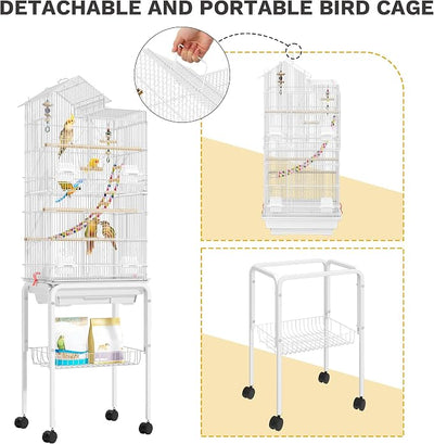 62-inch Metal Bird Cage: Spacious Bird Cage for Cockatiels, Parrots, Pigeons, Lovebirds, Features Roof Access and Rolling Stand, White