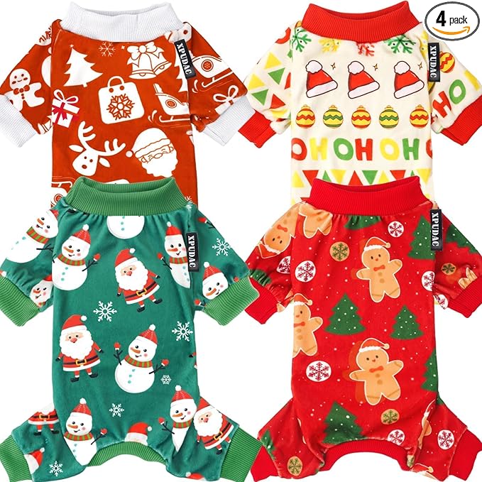 XPUDAC 4 Pieces Dog Christmas Pajamas Santa Pet Doggie Clothes Cute Dog Pajamas Red Green Pjs Medium