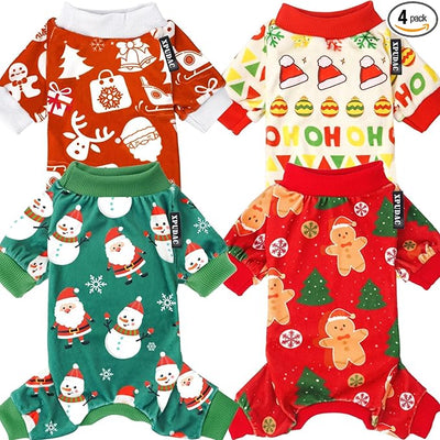 XPUDAC 4 Pieces Dog Christmas Pajamas Santa Pet Clothes Cute Dog Pajamas Red Green XX-Large