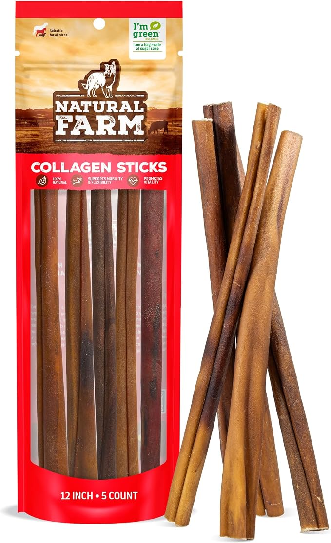 Natural Farm Collagen Dog Chews (12 Inch, 5 Pack), Odor-Free Long Lasting Bully Sticks & Rawhide Alternative Dog Treats, 95% Collagen Low Fat, High Protein – Medium & Large Dogs