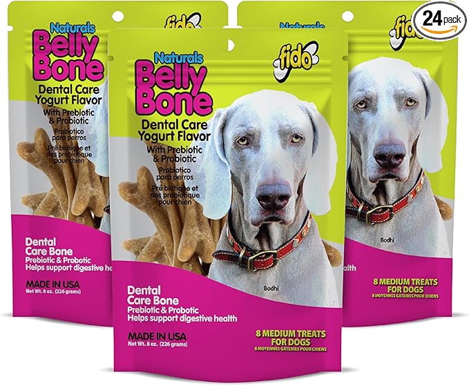 Fido Belly Bones for Dogs, Medium - 8 Count, Pack of 3 - Yogurt-Flavor Dental Treats for Medium Dogs - Plaque & Tartar Control for Fresh Breath - Digestive Support - Made in USA (24 Total)
