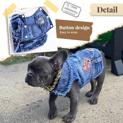 Cool Dog Jean Jacket Small Puppy Outfits Frenchie Clothes Denim Coats for Small Medium Dogs Cats Boys Girls Pet Vest Dog Shirt Clothing Doggy Costume (Blue Print, XS（Suggest 2-4 lbs）)