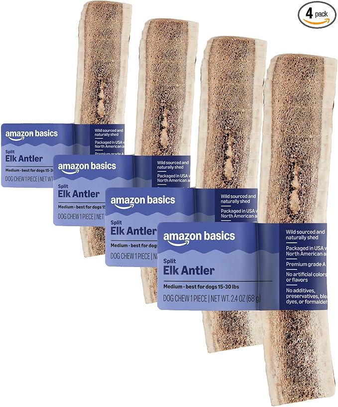 Amazon Basics Split Elk Antler, Medium, for Dogs | Naturally Shed | 15-30 lbs (Pack of 4) (Previously Wag)