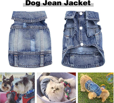 Jean Jacket for Dogs, Blue Denim Lapel Vest Coat Costume, T-Shirt Clothes, Cool and Funny Apparel Outfits, Machine Washable for Small Medium Dogs Cats (XXL)
