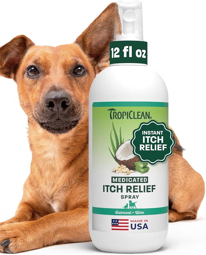 TropiClean Medicated Itch Relief Deodorizing Spray, Oatmeal & Aloe Scented, Dog Perfume with Soothing Aloe, 12oz
