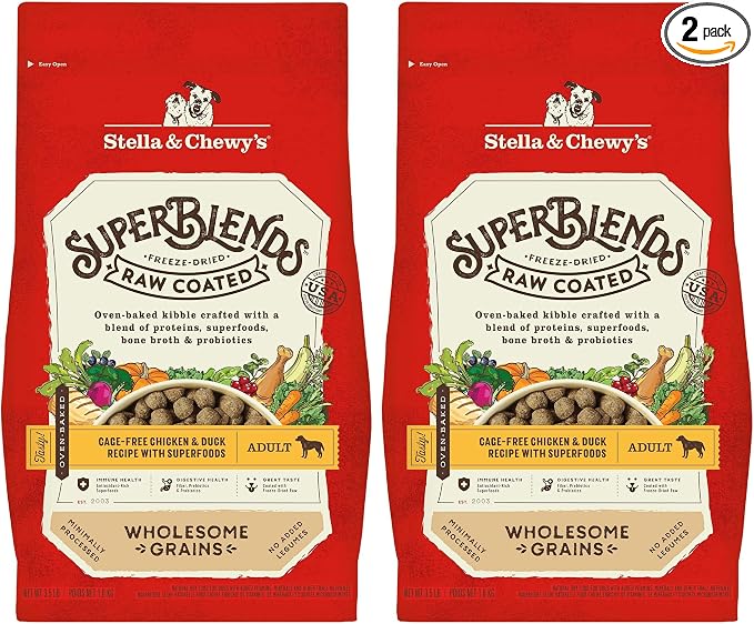 Stella & Chewy's SuperBlends Raw Coated Wholesome Grains Cage-Free Chicken & Duck Recipe with Superfoods, 3.5 lb. Bag (Pack of 2)