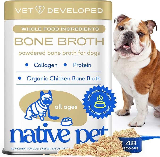 Native Pet Bone Broth for Dogs and Cats - Chicken Bone Broth Powder Dog Food Toppers for Picky Eaters - Provides Extra Nutrition for Joint Strength, Immune Support & Heart Health - 48 Scoops