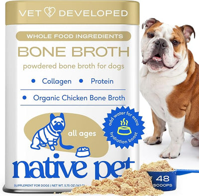 Native Pet Bone Broth for Dogs and Cats - Chicken Bone Broth Powder Dog Food Toppers for Picky Eaters - Provides Extra Nutrition for Joint Strength, Immune Support & Heart Health - 48 Scoops