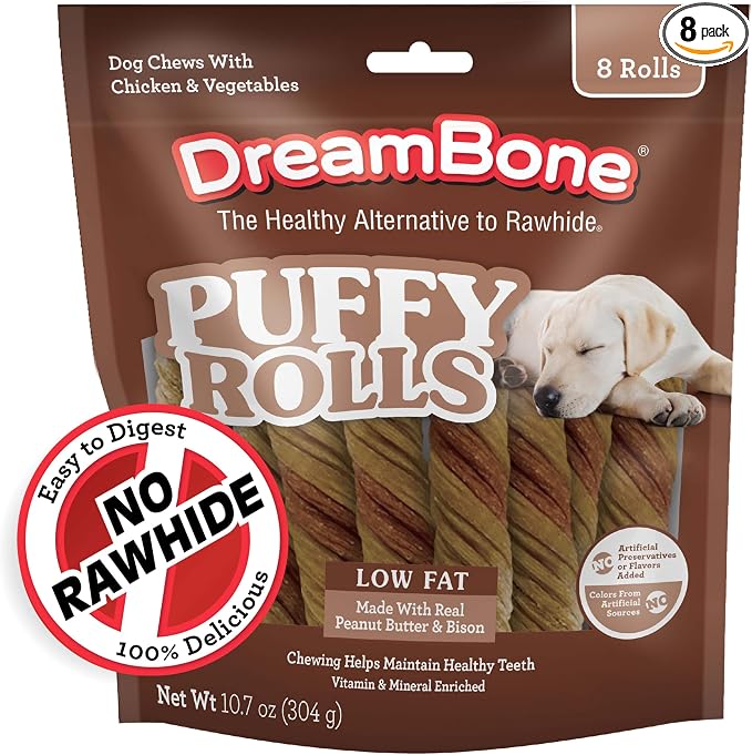 DreamBone Puffy Rolls Chews for Dogs, 8 Count, Treat Your Dog to Easy-to-Digest Rawhide-Free Chews Made with Real Peanut Butter and Bison