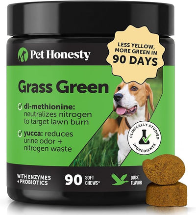 Grass Green Dog Urine Neutralizer for Lawns - Stops Yellow Burn Spots & Brown Grass - Lawn Saver Supplement with dl-Methionine, Probiotics & Digestive Enzymes - Green Grass Chews (Duck, 90 Ct)