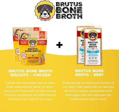Brutus Bone Broth for Dogs Bundle Pack - Chicken Biscuits Dog Treats, Pack of 2 (8oz) and Beef Bone Broth Food Toppers, Pack of 2 (32oz) - All Natural, Tasty & Nutritious
