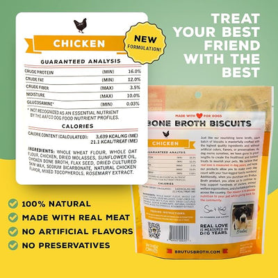 Brutus Bone Broth Biscuits for Dogs - Protein-Rich Dog Treats with Bone Broth and Real Chicken Meat - All Natural and Tasty - 8oz, Pack of 6, Chicken Flavor