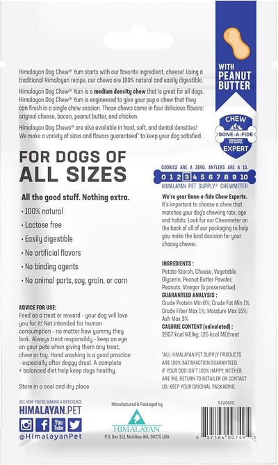 Himalayan Dog Chew Yak Cheese Dog Chews, Lactose Free & Grain Free, USA Made, For All Dog Breeds, Medium Density Cheese Chew, Resealable Pouch with 3 YUM Treats, Peanut Butter Flavor