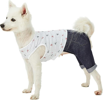 Blueberry Pet Summer Vacation Beach Cotton 4 Legged Onesie Dog Shirt with Denim Colored Pants, Sea Lover Nautical Striped Jumpsuit, Back Length 16", for Medium Large Dogs