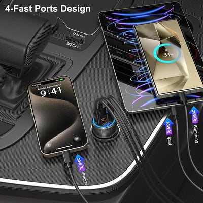5 Pack USB C Car Charger, 4-Port 65W Car Power Adapter with Voltmeter QC+PD 3.0 Fast Charging Cigarette Lighter USB Charger for iPhone 17/16/15/14/13/12 Pro Max,Galaxy S25/S24,Android(Black)