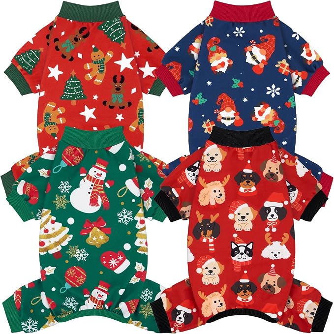 XPUDAC 4 Pack Dog Christmas Pajamas Stretchy Dog Clothes for Medium Large Dogs Girl Boy Christmas Puppy Outfit Pet Jumpsuits Pjs Winter Cat Costume, 3XL