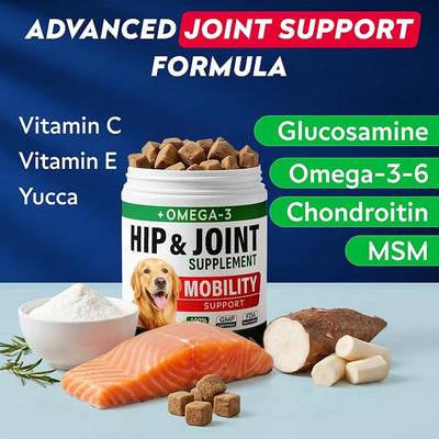 Advanced Hip & Joint Supplement for Dogs, w/Glucosamine & Omega-3-6 Fish Oil - Chondroitin MSM - Advanced Mobility Chews - Joint Pain Relief - Hip & Joint Care - Made in USA (180Ct)