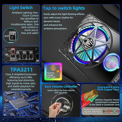 3000W Under Seat Subwoofer with Amp 10" Slim Powered Car Audio | 3-Way Full Range Sound with RGB Beat Sync LED, Bass Boost, Low Pass Filter, Plug & Play Design for Trucks SUVs and Cars