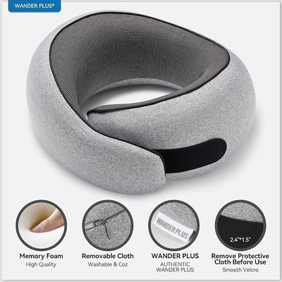 WANDER+ Plus® Travel Pillow, 100% Pure Memory Foam Travel Neck Pillow Airplane Neck Support Ergonomic Design Best for Sleeping Plane Car Train Office Flight for Adults Purple