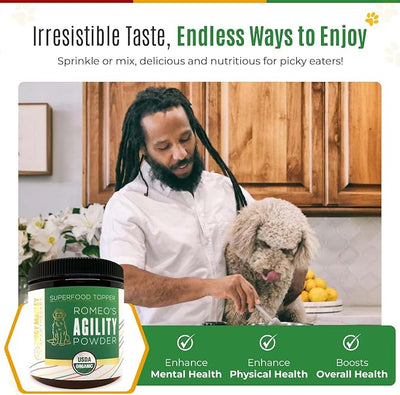 Organic Agility Superfood Powder for Dogs & Cats – Support Agility & Mobility - USDA Organic Bone Broth, Turmeric, & 3 Functional Mushrooms