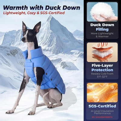 SPACE LION Dog Puffer Jacket, Down Winter Coat, Durable Outdoor Coat for Cold and Windy Conditions, Lightweight & Adjustable Fit Coats for Small Dogs, (Blue, Size10/S)