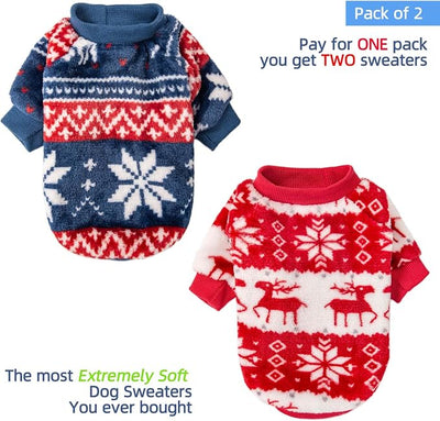 FabriCastle Christmas Dog Sweater, 2-Pack Dog Clothes, Ultra Soft and Warm Pet Jackets for Small Dogs & Cats, Winter Pet Apparel Costumes, Puppy Outfits (Red,Blue, X-Large)