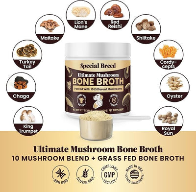 Beef Bone Broth for Dogs - High Protein Powder with Ten Organic Mushrooms & Collagen - Immune, Joint, Digestion & Cognitive Support - Tasty Dog Food Topper - Natural Hydration Booster