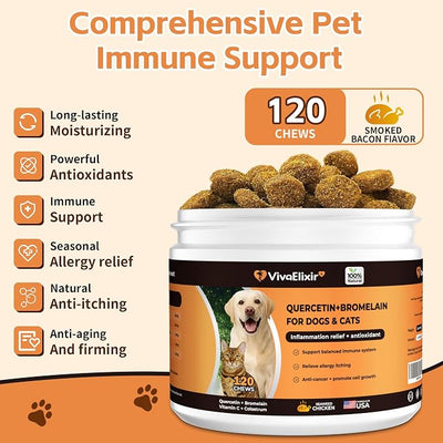 Quercetin & Bromelain for Dogs & Cats with Colostrum & Probiotics - Supports Immune System, Relieves Itchy Allergies, Anti-Inflammatory Antioxidants, Veterinarian Recommended, 120 Chewable Tablets