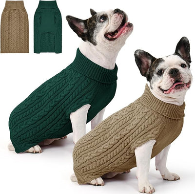 Dog Sweater 2 Pack for Medium Dogs, Size M, Green & Brown | Stretchy cable knit turtleneck, machine washable, high belly cut, comfy winter fit for French Bulldog, Pug