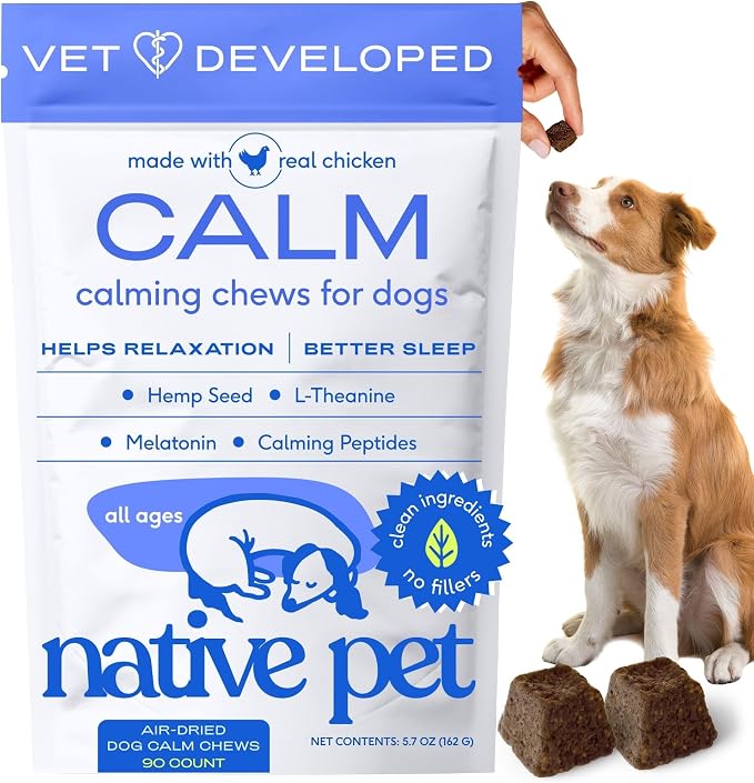 Native Pet Calming Chews for Dogs Medium Breed - 60 Calming Dog Treats - Hemp Seed, Melatonin, L-Theanine - Supports Calm Behavior - 90 Chews