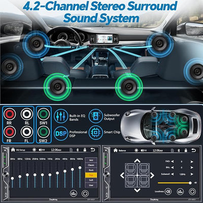 7" QLED Double Din Car Stereo Compatible with Wireless Apple CarPlay & Android Auto, Bluetooth 5.3 Car Radio, 240W 4.2-Channel Audio, MirrorLink, SWC, Backup Camera