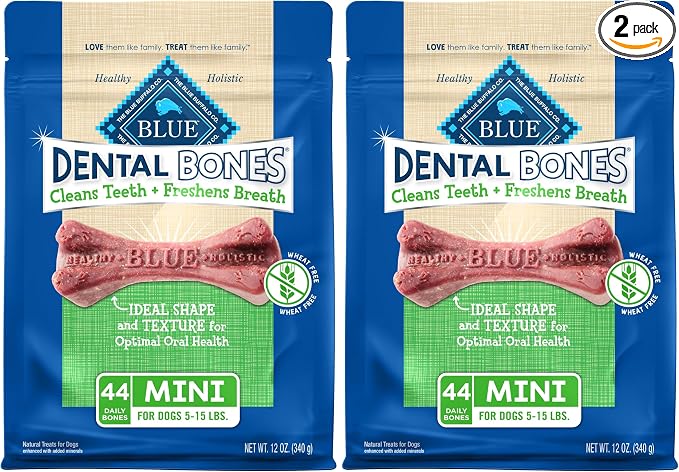 Blue Buffalo Dental Bones Mini Natural Dental Chew Dog Treats Bag,12oz. Bag,(Pack of 2)