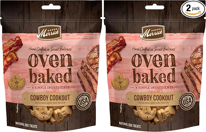 Merrick Oven Baked Natural and Crunchy Bag of Bacon Treats, Cowboy Cookout Recipe with Real Beef and Bacon - 11 oz. Bag (Pack of 2)