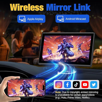 Carplay Screen for Car, 7 inch Wireless Carplay & Android Auto（Black） | Portable Touchscreen car play with Mirror Link，Bluetooth，Voice Control，Map Navigation，FM Transmit，Plug-and-Play car stereo