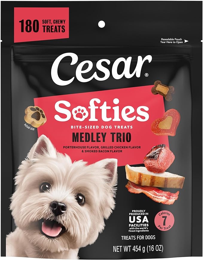 Cesar Softies Chewy Soft Dog Treats, Medley Trio Featuring Porterhouse Flavor, Grilled Chicken Flavor, and Smoked Bacon Flavor, 16 oz. Pouch, 180 Treats