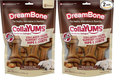 DreamBone CollaYUMS Knots Plus Collagen Chews for Dogs, 8 Count, Treat Your Dog to Rawhide-Free Chews Made with Chicken, Vegetables and Peanut Butter (Pack of 2)