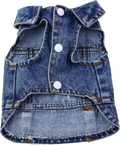 Vintage Washed Denim Dog Jeans Jacket for Small & Medium Dogs & Cats - Lapel Vests with Scratch-Resistant Design
