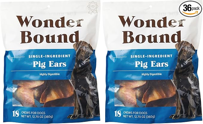 Amazon Brand - Wonder Bound Whole Pig Ears, Ingredient, Highly Digestible, Dog Treats for Puppy and Large/Medium Dogs, Pork, 12.7 Ounce, 18 Count (Pack of 2)