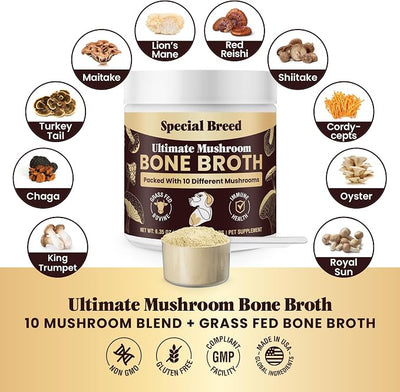 Beef Bone Broth for Dogs - High Protein Powder with Ten Organic Mushrooms & Collagen - Immune, Joint, Digestion & Cognitive Support - Tasty Dog Food Topper - Natural Hydration Booster