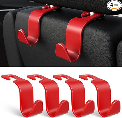 Amooca Car Seat Headrest Hook 4 Pack Hanger Storage Organizer Universal for Handbag Purse Coat Universal fit Vehicle Car S Type Red